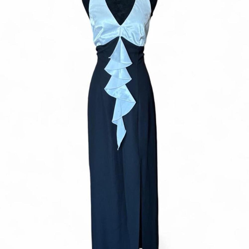80s Vintage Black & White Maxi Dress – Formal Ruffle M/L